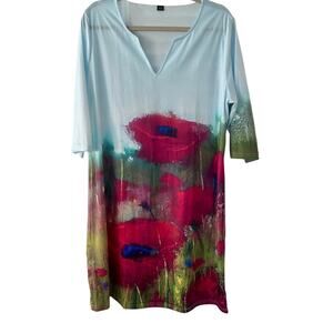 Handpainted women's V-neck midi oversized dress short sleeve pull over SZ XXL